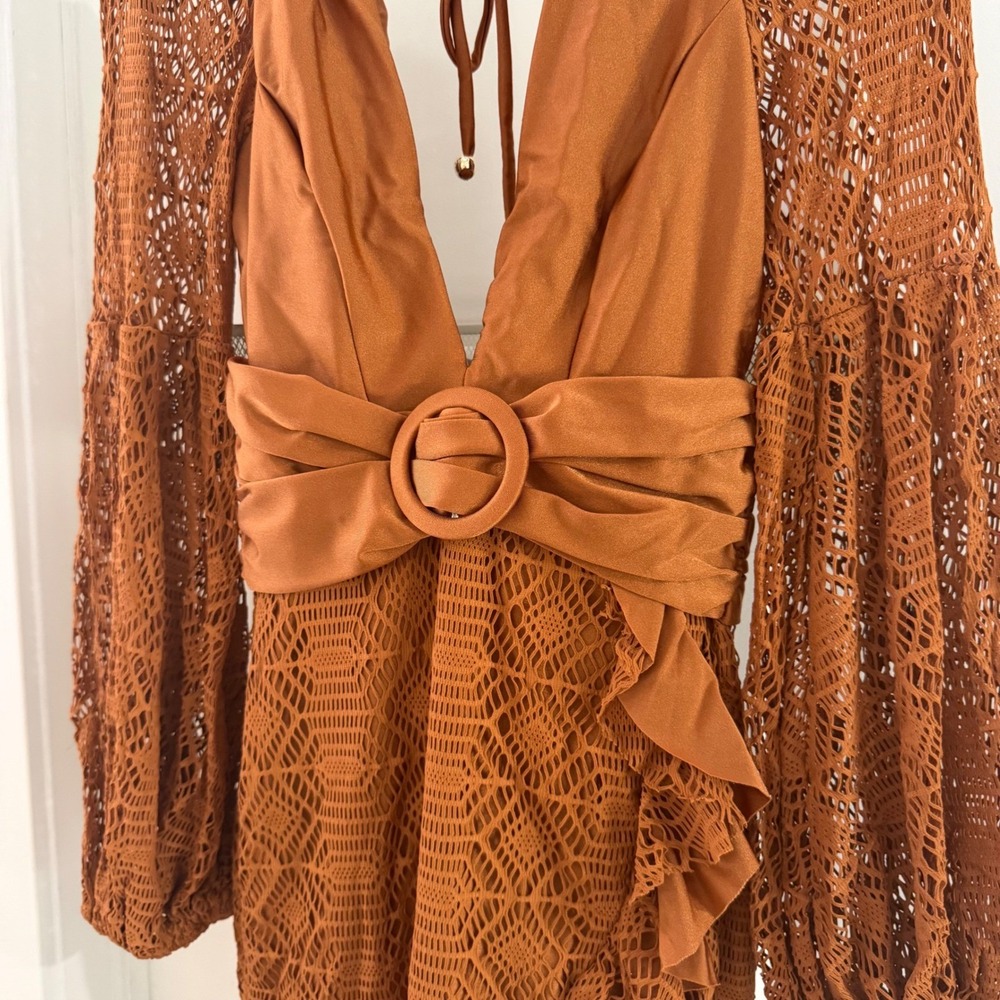 PatBO X Fashionpass Lace Plunge Mini Dress Brown Rust S New Resort Vacay Luxury - Picture 2 of 9